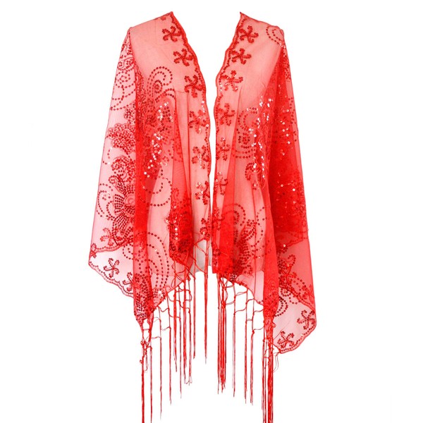 L'VOW Women's Glittering 1920s Scarf Mesh Sequin Wedding Cape Fringed