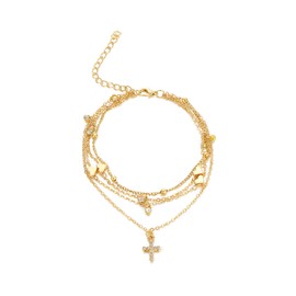 EILEIAC Gold Layered Zircon Heart Anklets Cross Anklet Bracelets for Women,Adjustable Boho Multilayer Anklets Charms Rhinestone Beach Foot Chain Jewelry (A)