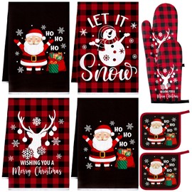 Bencailor 8 Pcs Kitchen Towel Pot Holders and Oven Mitts Set Plaid Kitchen Decoration 4 Dish Towels 2 Farmhouse Oven Mitts 2 Potholders for Baking Grilling Supply Accessories (Black and Red)