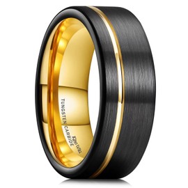 King Will 8mm Black Mens Tungsten Wedding Rings Gold Groove Brushed Surface Gold Plated Inner Wedding Band Gold Pipe Cut Edge Comfort Fit V 1/2 (11)