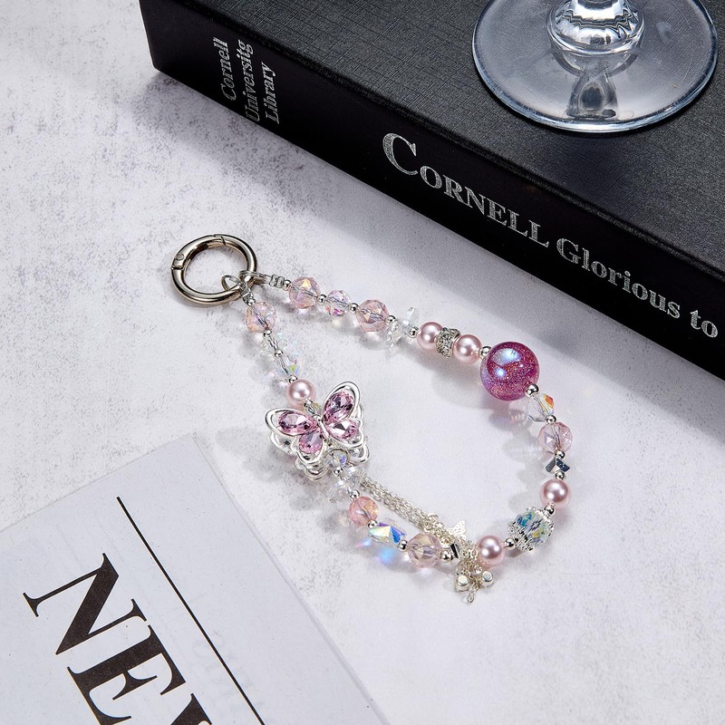 BEEFLYING Pink Crystal Beaded Cell Phone Charm Strap Cute Cellphone