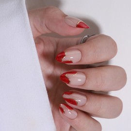 Press on Nails Almond - RTKHFZE French Tip Press On Nails Short,Short Designs Nail Tip with Gold Foil,Glue on Nails for Women,Natural Fit Reusable Stick On Nails in 16 Sizes - 32 Gel False Nails Kit