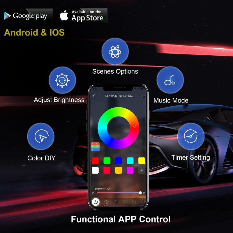 ‌Glowlendra RGB-IC Smart Underglow Lights Kit for Cars, 6Pcs Waterproof