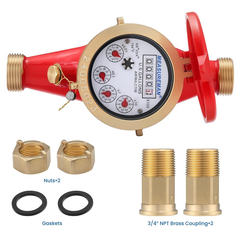 MEASUREMAN 3/4" Non-Pulsed Multi-Jet Gallon Hot Water Meter Heavy-Duty Brass