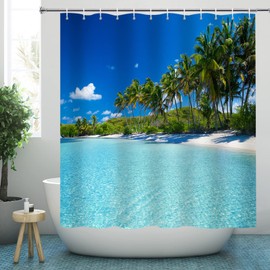 YISURE Shower Curtain 180 x 200 cm Ocean Beach Sea Palm Trees Shower Curtain Bath Textile Mould Resistant Machine Washable with 12 Metal Eyelets Width 180 x Height 200 cm