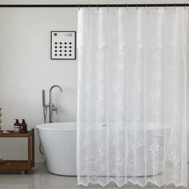 FINECITY White Lace Shower Curtain 72 Inch Length, Rustic Floral Pattern Sheer Lace Shower Curtain with Attached Valance for Bathroom, Reinforce Hole Sheer Shower Curtain, 72 x 72 Inch, 1 Panel, White