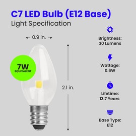 Feit Electric BP7C7/827/LED/4 0.6W 7W Equivalent 30 Lumen Candelabra Base Four LED C7 Night Light Bulb, 2.1" H x 0.9" D, 2700K (Soft White), 4 Piece