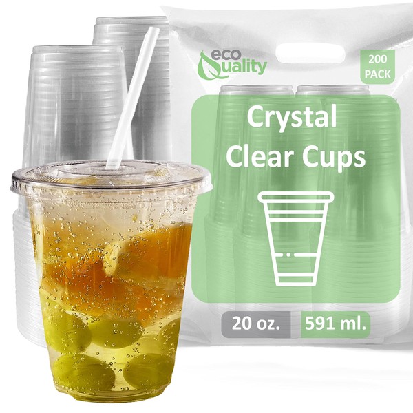 X-Large Clear Plastic Disposable Cups with Lids & Straws 200 count - 20 oz (ounces) Clear PET Cup for Cold Smoothie, Iced Coffee, Boba, Bubble Tea, Protein Shakes, Cold Drinks, 100% Recyclable