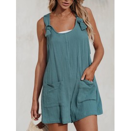 CUPSHE Women's Jumpsuit Scoop Neck Sleeveless Romper Wide Leg Pockets Front Short Jumpsuit Summer Beach Loose Trouser Suit, blue