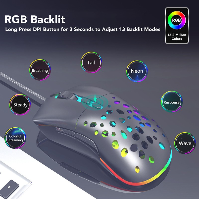 Wireless Mouse Dual Mode Programmable Keys RGB Backlit Adjustable DPI