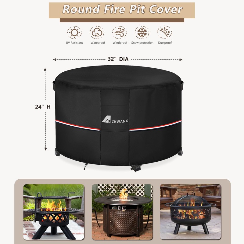 Alickwang 30-32 Inch Round Fire Pit Cover,Outdoor Waterproof 600D Heavy