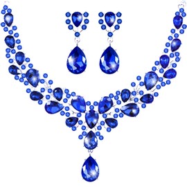 Hicarer Bridal Teardrop Cluster Crystal Jewelry Set for Women Necklace Earrings Wedding (Royal Blue)