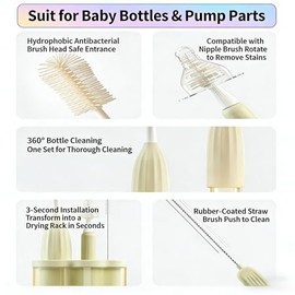 All-in-One Press-to-Foam Silicone Baby Bottle Cleaning Kit with Bottle Brush, Nipple/Straw Brushes, Tabletop Dring Rack, BPA Free for Baby Bottles, Br