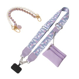 RENUIS Adjustable Phone Strap with Zippered Pouch, Clip and Go Strap for Phone with Wallet Crossbody, Crossbody Phone Strap (Flower Purple)