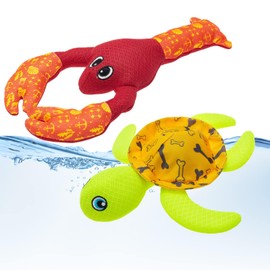PUPTECK Dog Water Pool Floating Toys - 2 Pack Squeaky Water Toys for Summer Interactive Games, Beach Fetch Toy Turtle & Lobster