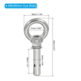 PATIKIL Expansion Eye Bolt M8x60mm, 4 Pack 304 Stainless Steel Shoulder Anchors Eyebolt Screw with Eye Ring for Concrete Brick Walls Canopy Engineering Rigging Silver
