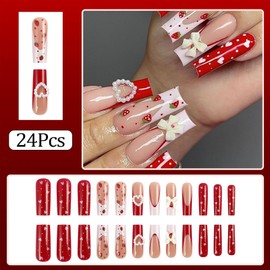 Long Press on Nails White French Tip Long Fake Nails Coffin Square Red False Nails with Heart-Shaped Pearl and Pink Bow Design Acrylic Nails Press on Artificial Nails Stick on Nails For Women-24Pcs