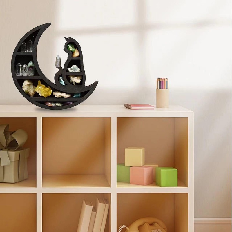 Moon Shelf Decor - Wooden Crystal Shelf Jewelry Holder, Moon