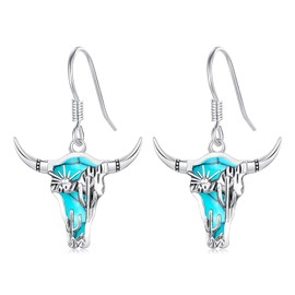 Midir&Etain Turquoise Earrings 925 Sterling Silver Texas Longhorn Cow Skull Dangle Earrings Western Cowgirl Cowboy Jewelry for Women