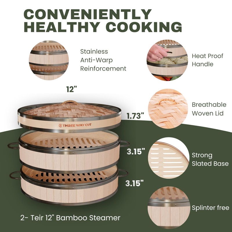 2-tier 12" Bamboo Steamer with Reinforcement & Handle, Reusable Silicone