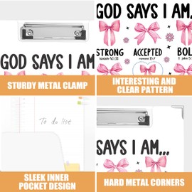 Pink Christian Clipboard Folio with Storage Pocket for Office Classroom, God Says I Am Inspirational Coquette Pink Bow Preppy Padfolio with Metal Clip for Nurses Students Women, 9.1x12.4 in
