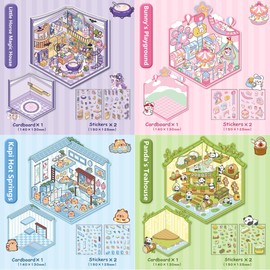 Wnqou 4 Sets DIY 3D House Stickers, 3D Scene Stickers Miniature Simulated Cabin Scene Stickers, Cute Cartoon Scenery Stickers for Adults and Kids, Fun Magic House Amusement Park Stickers for Girls