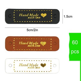 Huture 60pcs PU Leather Label Embossed Tag Simple Handmade Label Embellishment Knit Labels for Handmade Items DIY Apparel Accessories for Sewing Crochet Knitting Clothing Decoration and More