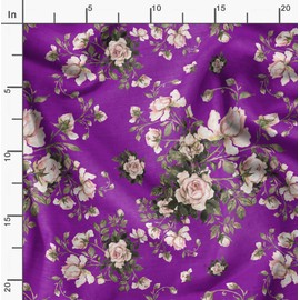 Soimoi Purple Moss Georgette Fabric Leaves & Rose Floral Print Fabric by the metre 42 Inch Wide