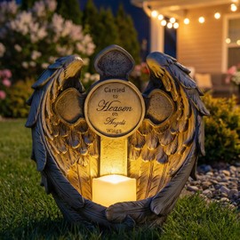 12" Angel Wings Memorial Statue with Cross & LED Candle, Bereavement Condolence Gift, Remembrance Garden Figurine Decor, Waterproof Garden Sculpture Sympathy Gifts for Women, Mom, Grandma, Lover