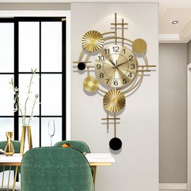 Wall Clocks for Living Room Decor,Unique 3D Metal Iron Wall Art Decor Clock, Modern Silent Non-Ticking Wall Quartz Clock for Bedroom Corridor Entrance Hotel (Gold, 17.7x30.7inch)