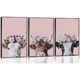 3 piezas de lona de vaca para pared pastoral de viento ganado en corona, póster impreso rosa, divertido cuadro de granja para decoración de pared para sala de estar, baño, sin marco
