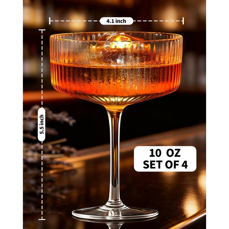 4 Pcs Coupe Glasses, Hand Blown 10 oz Cocktail Glasses,