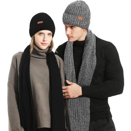 Ziwijity Scarf Hat and Touchscreen Gloves Set for Men Women Winter 3 in 1 Hat Scarf Glove Beanie Knitted Hat Long Scarf Thickened and Soft Wool, Sisal grey