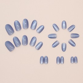 Blue Press on Nails Short Oval Fake Nails Ombre Bling Glitter Acrylic False Nails Shiny Glossy Glue on Nails Short Almond Nails Kit for Women Manicure Art 24 Pcs
