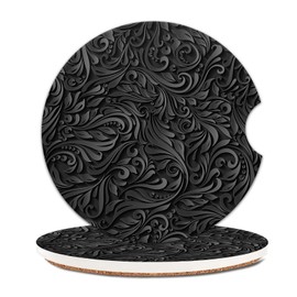 COYEUX Absorbent Car Cup Holder Coaster 2 Pack, Funny Car Accessories Interior, 2.56" Cute Car Coasters with a Finger Notch for Women & Men Luxury Black Flowers