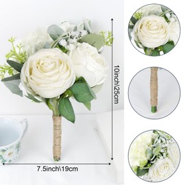 SEMONONIA Wedding Bridesmaid Bouquet Flower 1 Pack - Ivory White Artificial Flowers Bouquet Rustic Small Floral Centerpieces for Marriage Proposal Party Anniversary Dining Table Decorations -7inch
