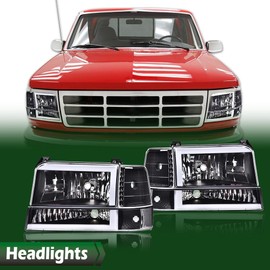 LQI LED DRL Headlights Assembly, Compatible with 1992-1996 Ford Bronco F150/ 92-97 F250 F350 Super Duty w/Corner Signal Headlights Assembly 6pc Clear lens Black Housing Clear Reflector