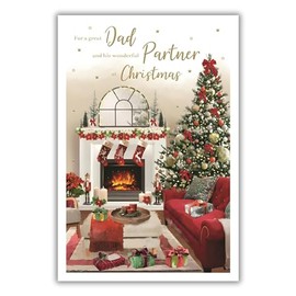 Dad and His Partner Christmas Card - Special Finishes - Fireplace and Decorative Christmas Tree - Artistic Festive Design - Illustrated Insert Leaf - Made in the UK