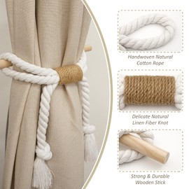 Home Queen Boho Curtain Tiebacks with Wooden Stick, Cotton Linen Rope Holdbacks with Tassels, No Drill Bow Knot Tie Backs for Farmhouse Drapes, Bedroom or Living Room, Linen-Knotted White Rope