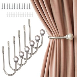 Coolnice 6 Pack Curtain Holdbacks Wall Mounted Curtain Tiebacks Hooks Plastic Pearl U Shape Curtain Tiebacks with Screws Curtain Ties for Home Office-Silver