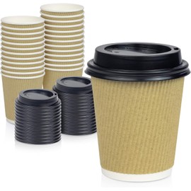 HOT BARGAINS 50 X 12oz Disposable Kraft Paper Cups with Black Lids, Triple Layer for Hot & Cold Drinks, Tea Cups, Coffee Cup with Lids, Takeaway Coffee Cups (12oz)