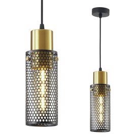 Omgomne Modern Pendant Light Fixtures, Black Gold Cylinder Pendant Lapms with Iron Mesh, Adjustable Metal Ceiling Hanging Light Fixture for Kitchen Island Dining Room Entryway Bar,1-Light