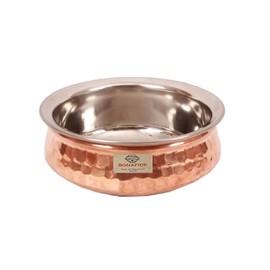 bona fide copper Serving Bowl,Stainless Steel Hammered Karahi and bowl Indian Dishes Serve Ware and tableware(7 inch diameter,(500 ml each) with serving spoon,copper bowl small set only for serving