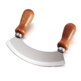 5.4 Inch Stainless Steel Mezzaluna Knife - Salad Chopper Rocker Pizza Cutter Rocker Knife Curved Blade Sharp Blade Double Acacia Wood Handle Fruit Vegetable Mincing (5.4 Inch Silver)