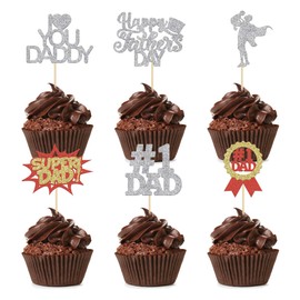 24 piezas de decoración para magdalenas con purpurina para el Día del Padre, decoración de cumpleaños para el Día del Padre, papá, fiesta de cumpleaños, color plateado
