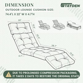 STAYDEN Outdoor Lounge Chair Cushions, Chaise Lounge Chair Cushions Replacement for Patio Furniture with Ties Waterproof Fabric Pool Chasie Cushion 74.4 x 22 x 4.7 Inches (WineRed)