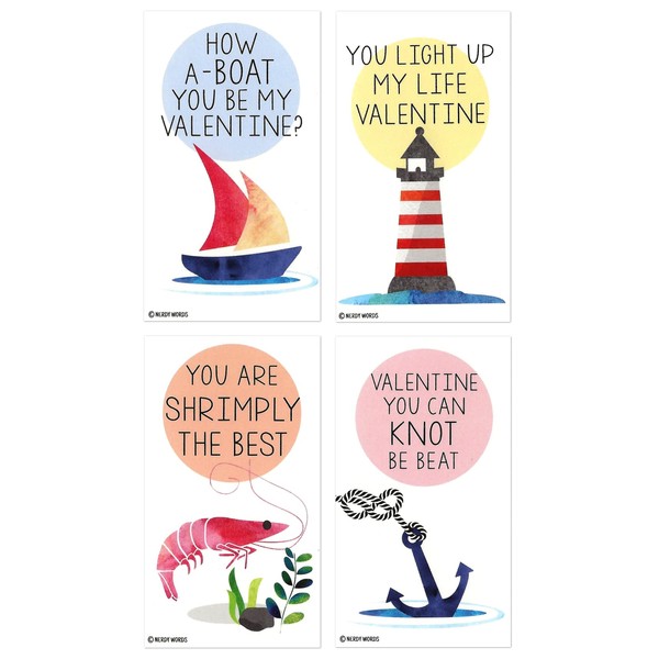 Mini Nautical Boat Anchor Shrimp Lighthouse Valentines (Wallet-Sized Valentines with Tiny Envelopes) Ocean and Sea Cards for Valentine's Day by Nerdy Words (Set of 32)