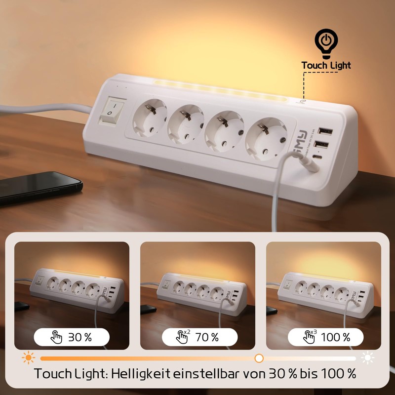 White Power Strip with 4 USB Ports, Multiple Socket with