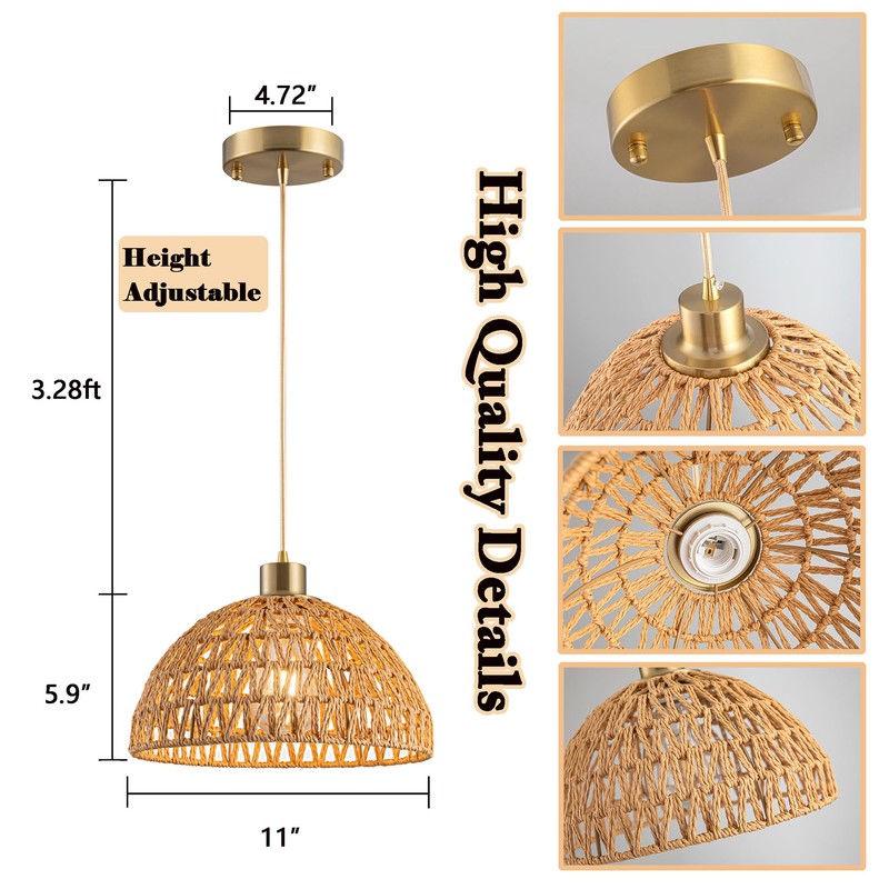 Nekhung Battery Operated Pendant Light with Remote-Battery Chandelier Handwoven Rattan,