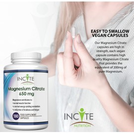 Magnesium Citrate Supplement 650mg | 180 Premium Vegan Capsules not Tablets (6 Month’s Supply) | High Strength Magnesium Citrate | Suitable for Vegetarian | Made in The UK by Incite Nutrition®
